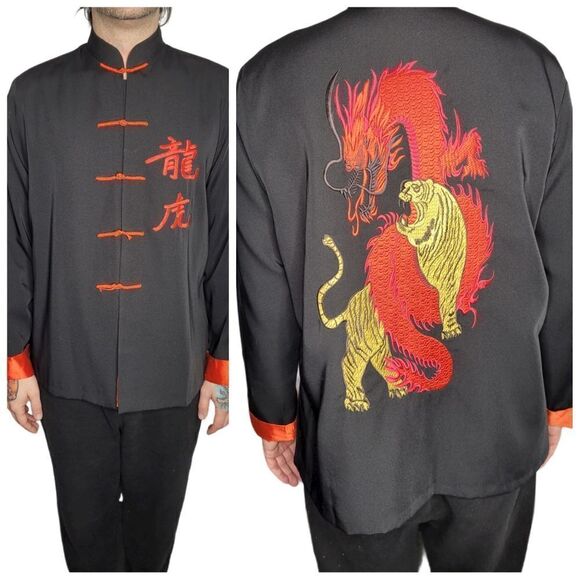 VINTAGE 90s Kung Fu uniform embroidered‎ dragon tiger black coat XL - Picture 1 of 8